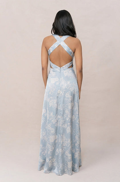 Dylan Satin Floral Print Dress | Made To Order | Sky Blue Bouquet
