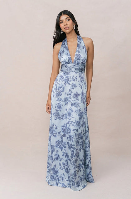 Dylan Satin Floral Print Dress | Made To Order | Sky Blue Garden