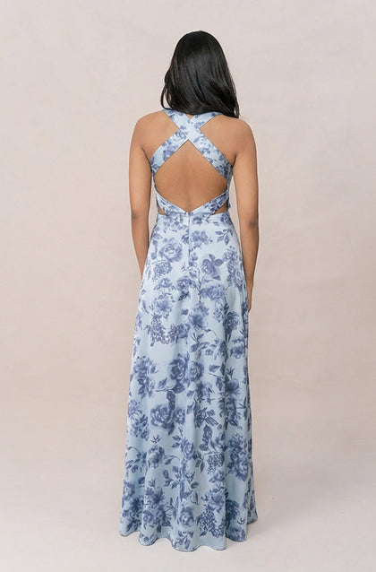 Dylan Satin Floral Print Dress | Made To Order | Sky Blue Garden