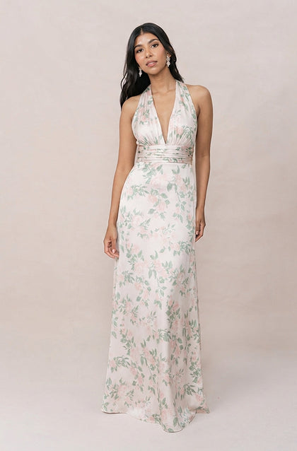 Dylan Satin Floral Print Dress | Made To Order | Soft Champagne Bouquet