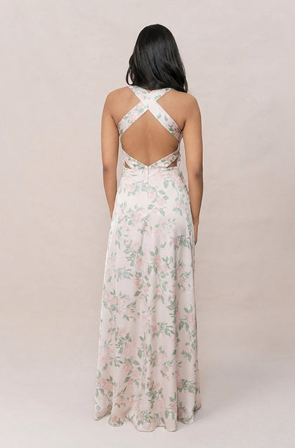Dylan Satin Floral Print Dress | Made To Order | Soft Champagne Bouquet