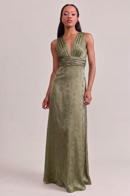 Dylan Satin Jacquard Dress | Deep Olive