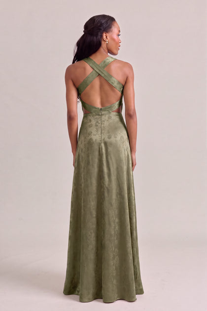 Dylan Satin Jacquard Dress | Deep Olive