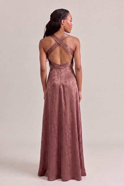Dylan Satin Jacquard Dress | Mahogany