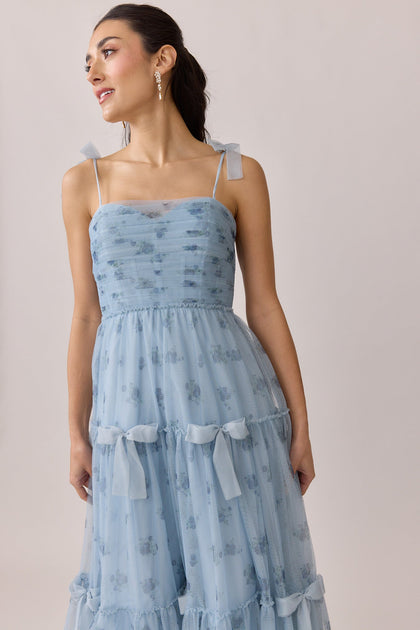 Eloise Tulle Floral Print Dress | Made To Order | Sky Blue Petit Rose