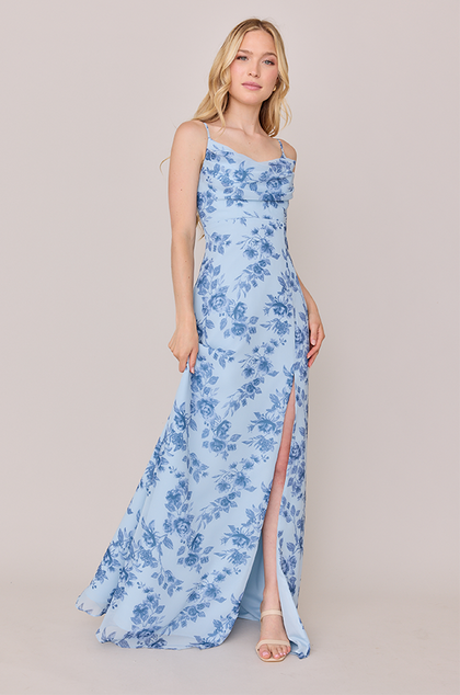 Ember Chiffon Floral Print Dress | Made To Order | Sky Blue Garden