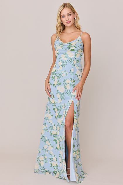 Ember Chiffon Floral Print Dress | Made To Order | Sky Blue Multi Bouquet