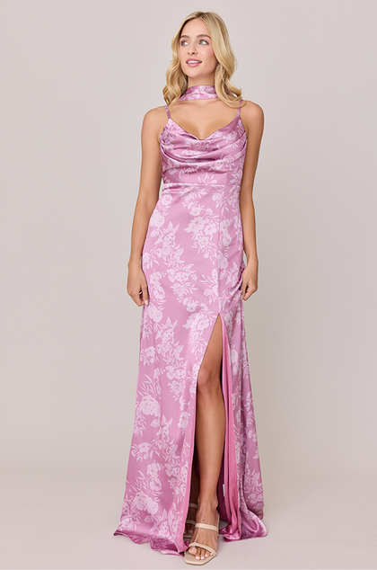 Ember Satin Floral Print Dress | Made To Order | Mauve Pink Bouquet