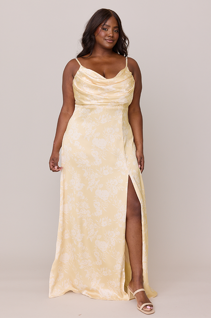 Ember Satin Floral Print Dress | Made To Order | Pale Yellow Bouquet