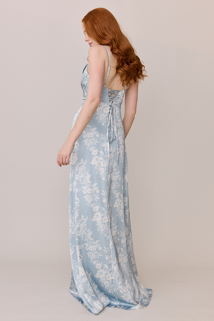 Ember Satin Floral Print Dress | Made To Order | Sky Blue Bouquet