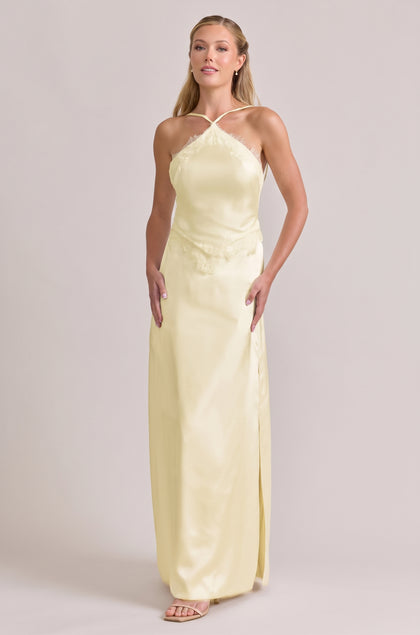 Everly Satin + Lace Dress | Pale Yellow