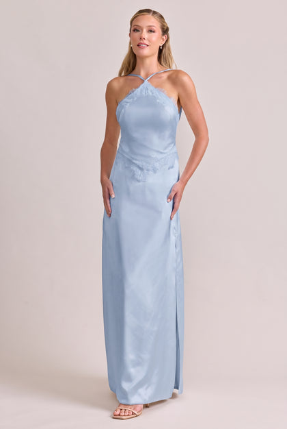 Everly Satin + Lace Dress | Sky Blue