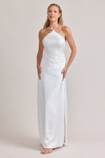Everly Satin + Lace Dress | White