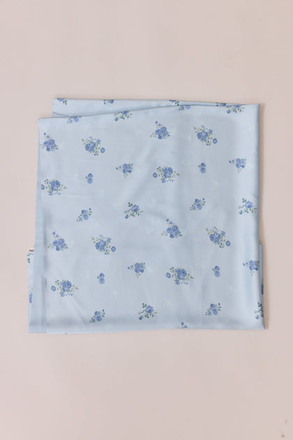Pre-Cut Satin Floral Print Fabric By Yard | Sky Blue Petit Rose