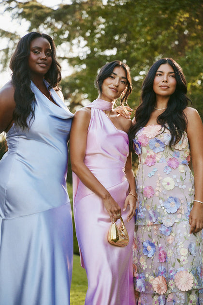 Amaya Satin Dress (L), Imani Satin Dress (C), Flora Applique Dress (R)