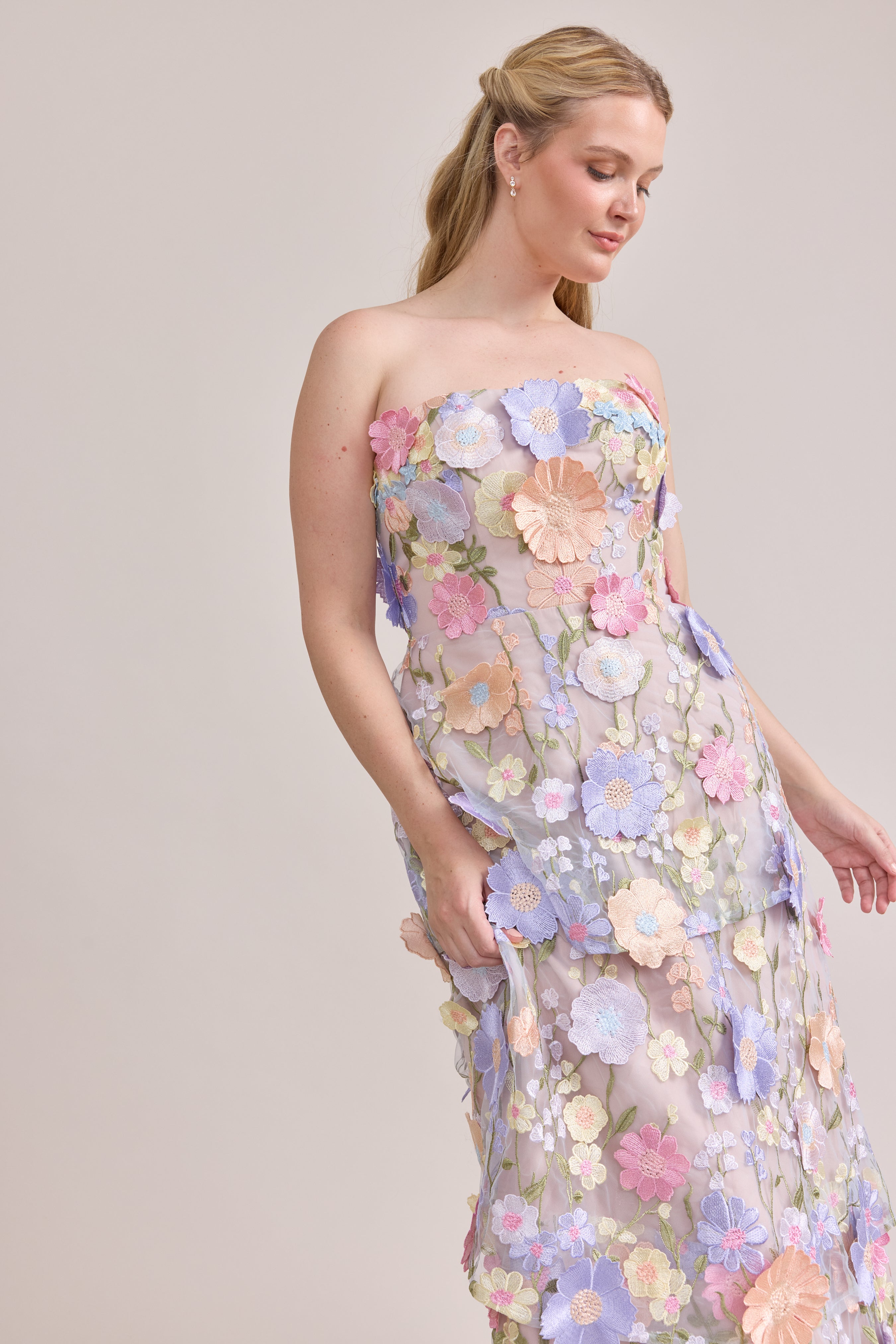 strapless open back dress Flora Appliqué Dress Pastel Multi