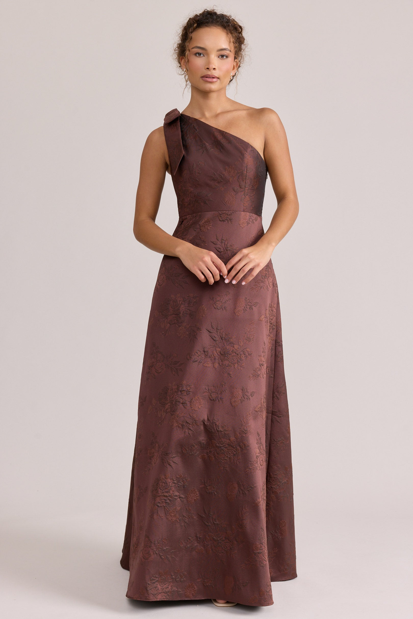 brown jacquard dress Diamond Elegance Brown Embellished Mesh Corset Maxi Dress