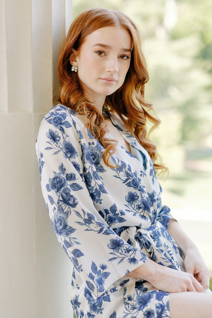 Getting Ready Satin Floral Print Robe | Made To Order - Dusty Blue Bouquet
