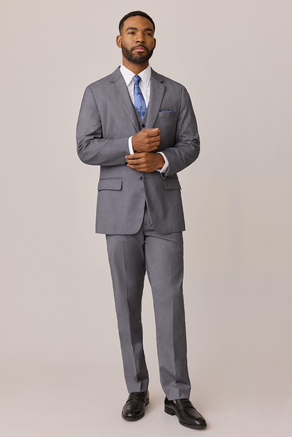 Model: Colin; Size: Slim 40 Tall. Pictured with Indie Blue Bouquet Floral Print Satin Tie and Romantic Blue Satin Pocket Square