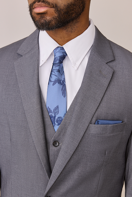 Model: Colin; Size: Slim 40 Tall. Pictured with Indie Blue Bouquet Floral Print Satin Tie and Romantic Blue Satin Pocket Square