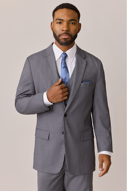 Model: Colin; Size: Slim 40 Tall. Pictured with Indie Blue Bouquet Floral Print Satin Tie and Romantic Blue Satin Pocket Square
