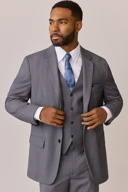 Model: Colin; Size: Slim 40 Tall. Pictured with Indie Blue Bouquet Floral Print Satin Tie and Romantic Blue Satin Pocket Square