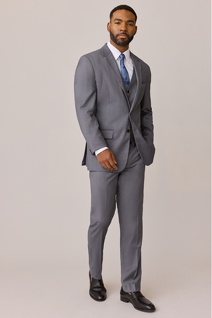 Model: Colin; Size: Slim 32/31. Pictured with Indie Blue Bouquet Floral Print Satin Tie and Romantic Blue Satin Pocket Square
