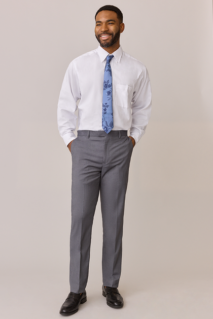 Model: Colin; Size: Slim 32/31. Pictured with Indie Blue Bouquet Floral Print Satin Tie