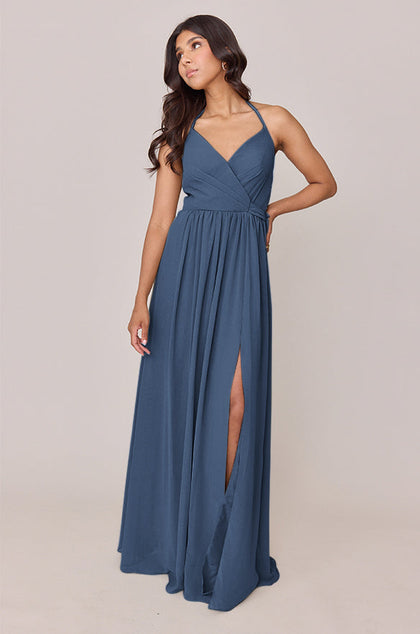 Hannah Chiffon Faux Wrap Dress | Made To Order | Dusty Blue