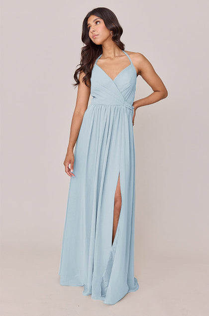 Hannah Chiffon Faux Wrap Dress | Made To Order | Light Blue
