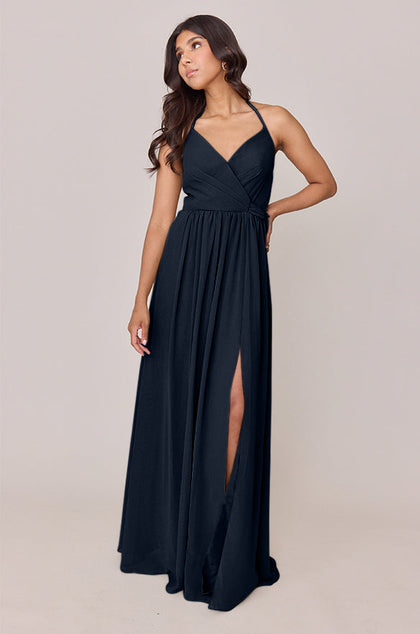 Hannah Chiffon Faux Wrap Dress | Made To Order | Navy Blue