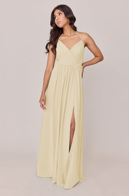 Hannah Chiffon Faux Wrap Dress | Made To Order | Pale Yellow