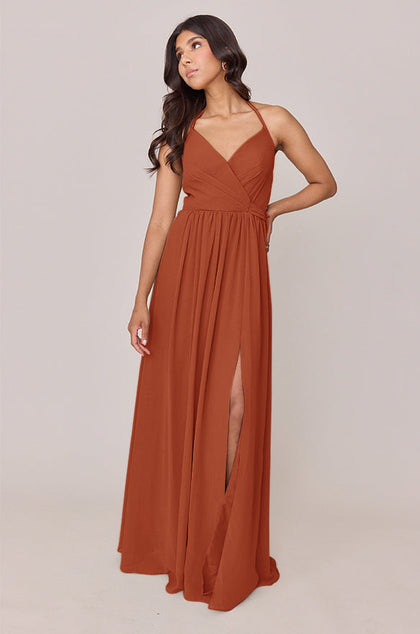 Hannah Chiffon Faux Wrap Dress | Made To Order | Rust Orange