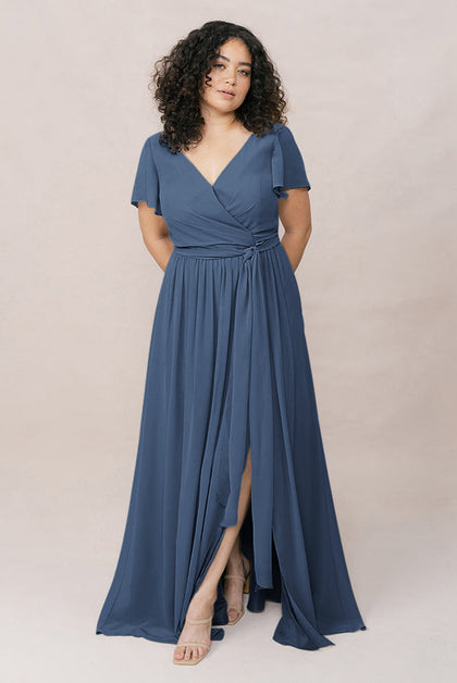 Harper Chiffon Faux Wrap Dress | Made To Order | Dusty Blue