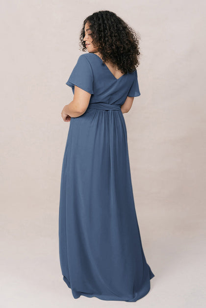 Harper Chiffon Faux Wrap Dress | Made To Order | Dusty Blue