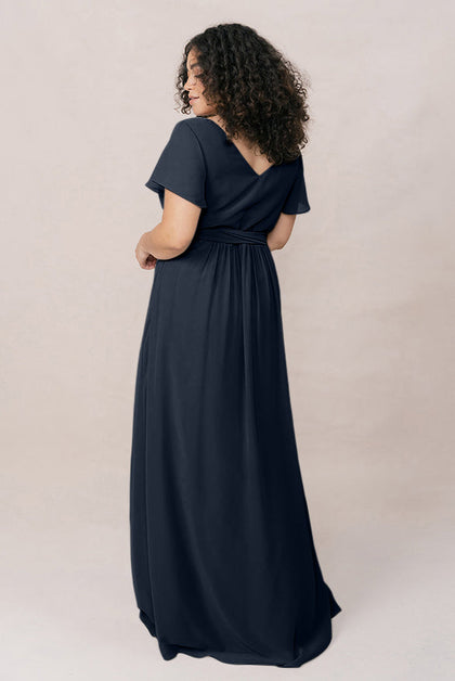 Harper Chiffon Faux Wrap Dress | Made To Order | Navy Blue