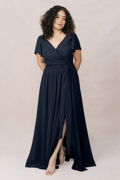Harper Chiffon Faux Wrap Dress | Made To Order | Navy Blue