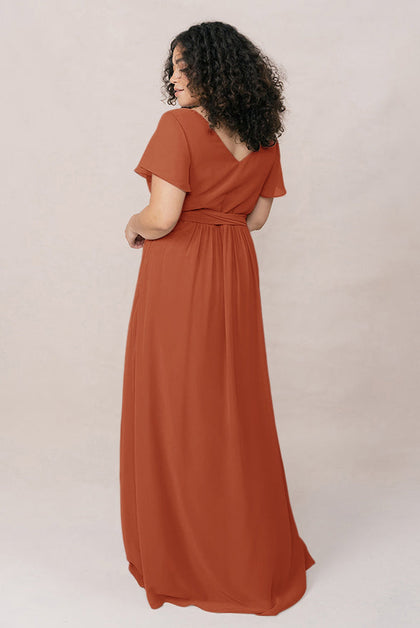 Harper Chiffon Faux Wrap Dress | Made To Order | Rust Orange