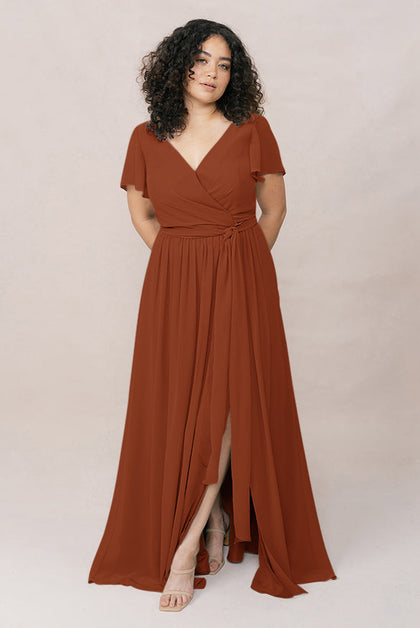 Harper Chiffon Faux Wrap Dress | Made To Order | Rust