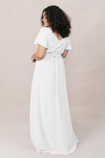 Harper Chiffon Faux Wrap Dress | Made To Order | White Pearl