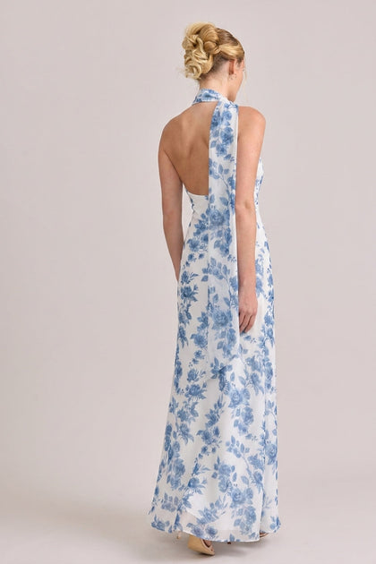 Imani Chiffon Floral Print Dress | Made To Order | Dusty Blue Bouquet