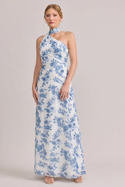 Imani Chiffon Floral Print Dress | Made To Order | Dusty Blue Bouquet