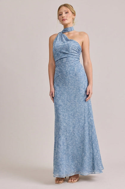 Imani Chiffon Floral Print Dress | Made To Order | Dusty Blue Posey