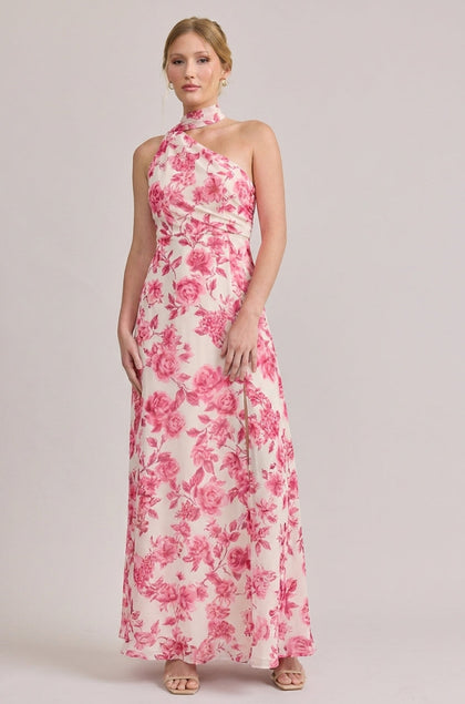 Imani Chiffon Floral Print Dress | Made To Order | Hot Pink Garden