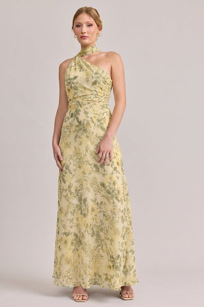 Imani Chiffon Floral Print Dress | Made To Order | Pale Yellow Meadow Blooms
