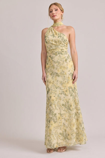 Imani Chiffon Floral Print Dress | Made To Order | Pale Yellow Meadow Blooms