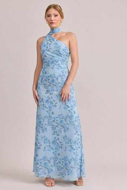 Imani Chiffon Floral Print Dress | Made To Order | Sky Blue Blossom