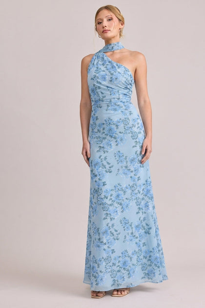 Imani Chiffon Floral Print Dress | Made To Order | Sky Blue Blossom