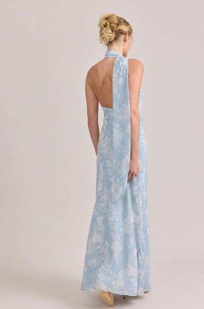 Imani Chiffon Floral Print Dress | Made To Order | Sky Blue Bouquet