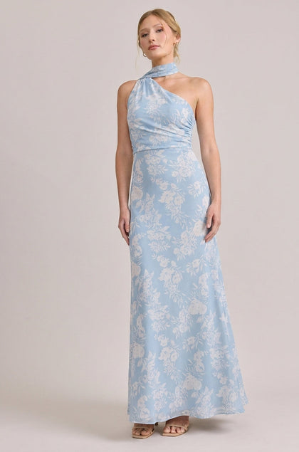 Imani Chiffon Floral Print Dress | Made To Order | Sky Blue Bouquet